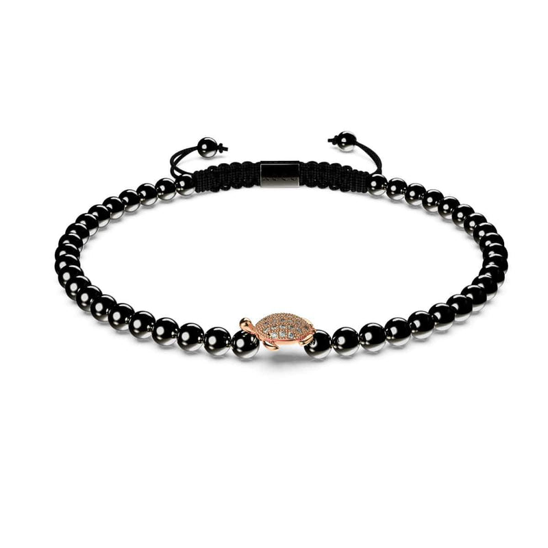Tortuga | 18 Karat Roségold &amp; Rotguss | Schwarz | Meeresschildkröte aus Kristall | Makramee-Charmballa-Armband 
