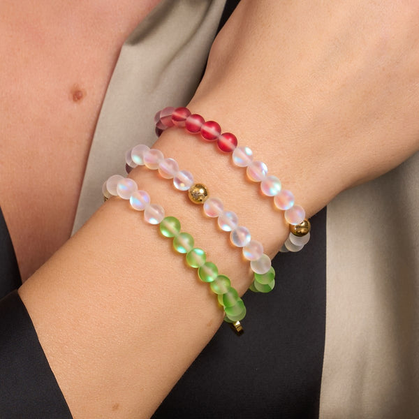 MEXICO Mermaid Glass Nations Bracelet with 6mm iridescent beads and gold stainless steel charm worn on wrist by NOGU