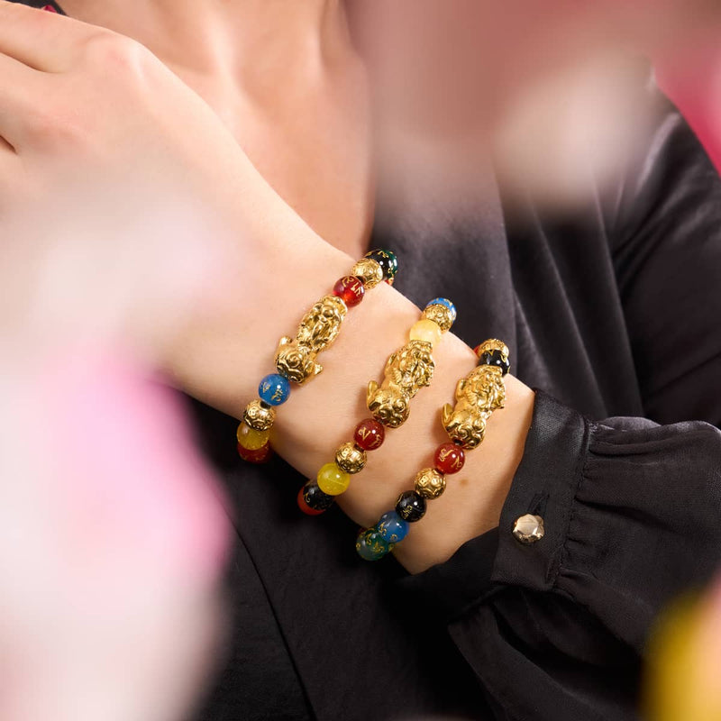 Pixiu Feng Shui Armband | FÜNF Elemente | Chakra-Achat x 18 Karat Gold 
