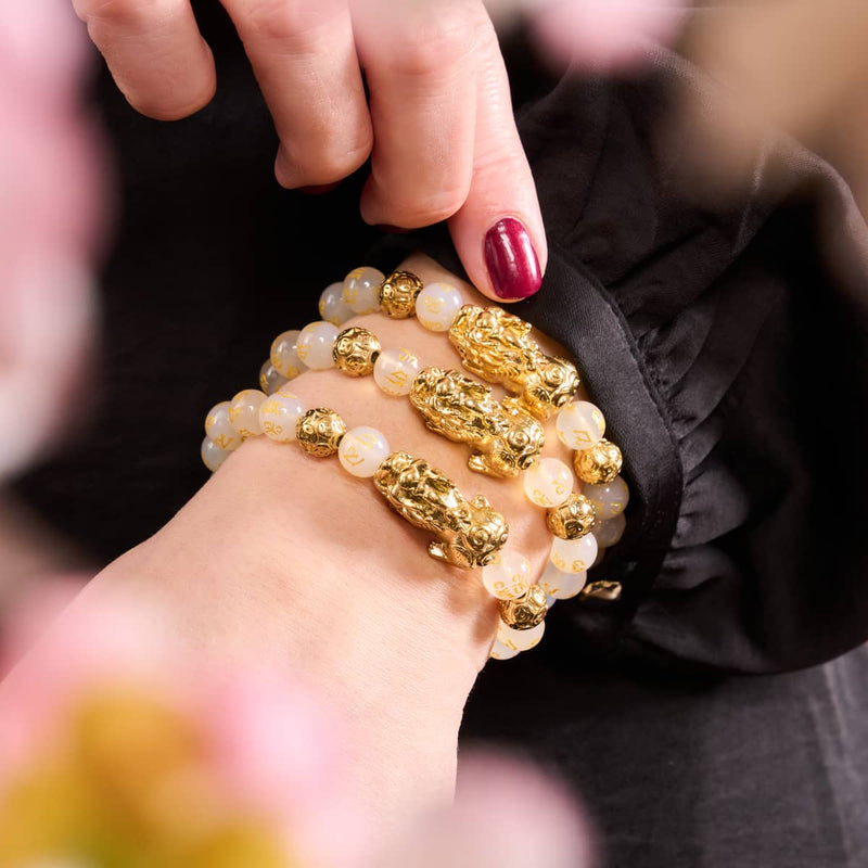 Pixiu Feng Shui Armband | GOLD Element | Weißer Achat x 18 Karat Gold