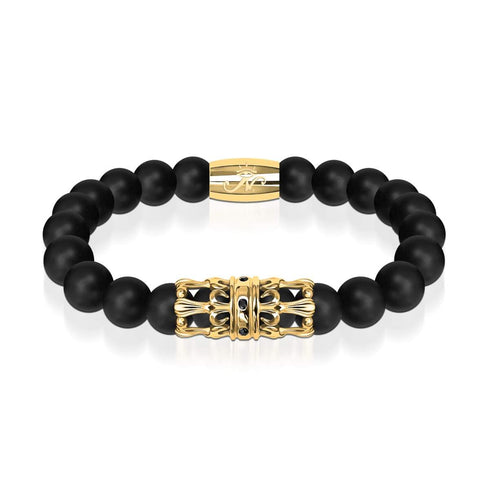 Krone aus 18 Karat Gold | Mattschwarzer Achat | Armband mit Königreichsperlen | Herren