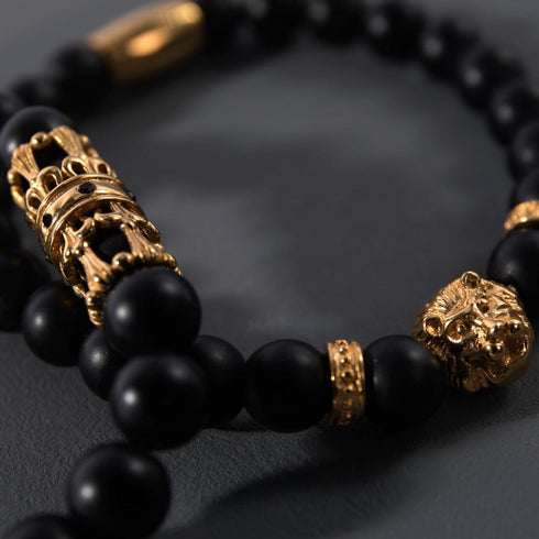 Krone aus 18 Karat Gold | Mattschwarzer Achat | Armband mit Königreichsperlen | Herren