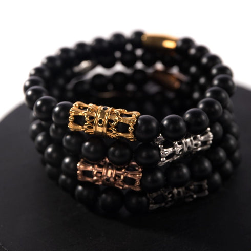 Krone aus 18 Karat Roségold | Mattschwarzer Achat | Armband mit Königreichsperlen | Herren