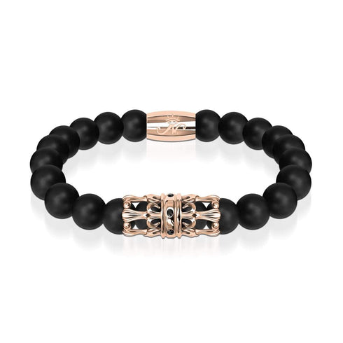 Krone aus 18 Karat Roségold | Mattschwarzer Achat | Armband mit Königreichsperlen | Herren