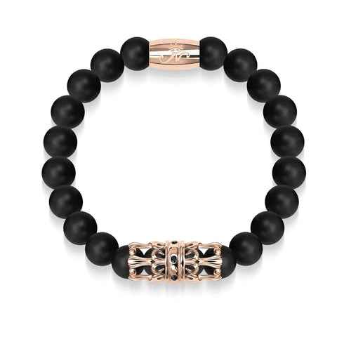Krone aus 18 Karat Roségold | Mattschwarzer Achat | Armband mit Königreichsperlen | Herren