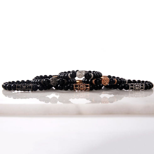 Löwe aus 18 Karat Roségold | Mattschwarzer Achat | Königreich-Perlenarmband | Herren