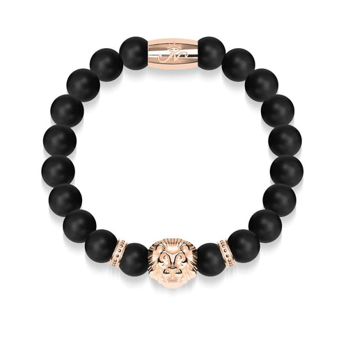 Löwe aus 18 Karat Roségold | Mattschwarzer Achat | Königreich-Perlenarmband | Herren