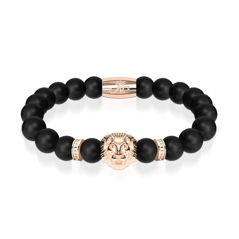 Löwe aus 18 Karat Roségold | Mattschwarzer Achat | Königreich-Perlenarmband | Herren