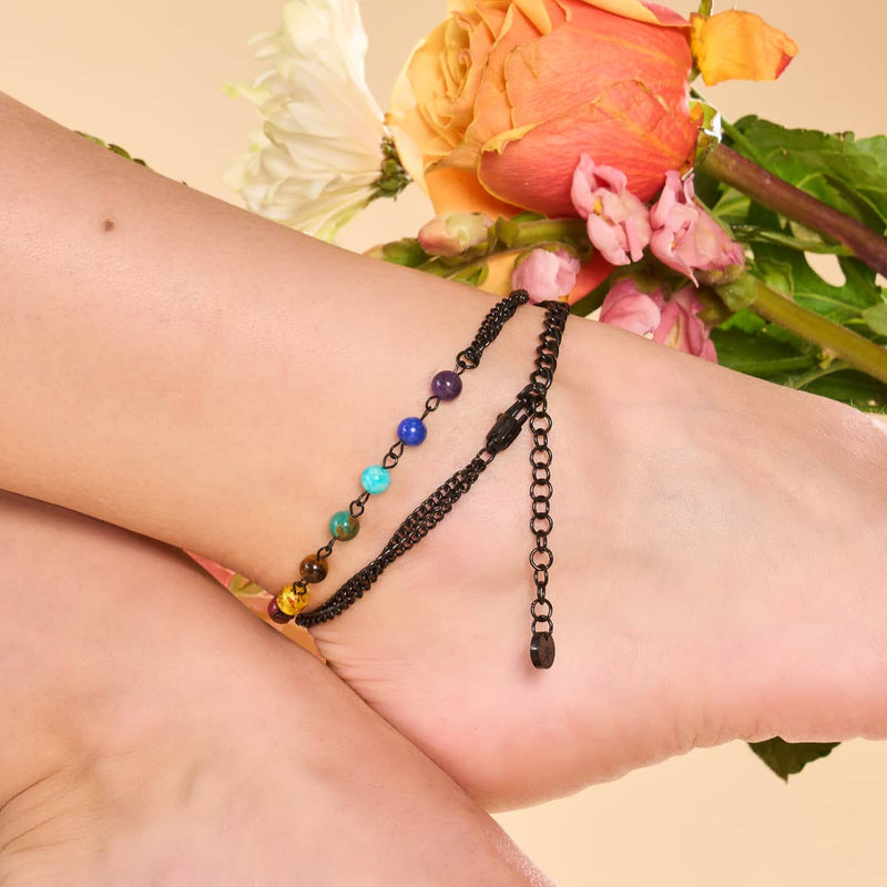 Regenbogenchakra | Fußkettchen mit 7 Edelsteinen | Rotguss