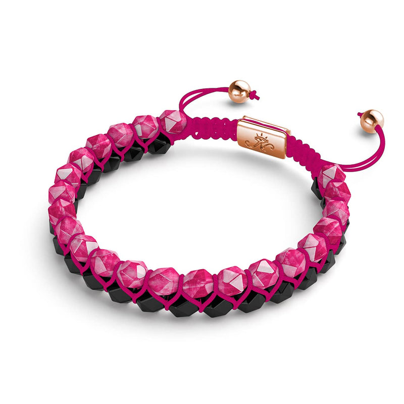 Magentaquarz &amp; Schwarzer Achat | Roségold | Doppeltes Geom-Armband
