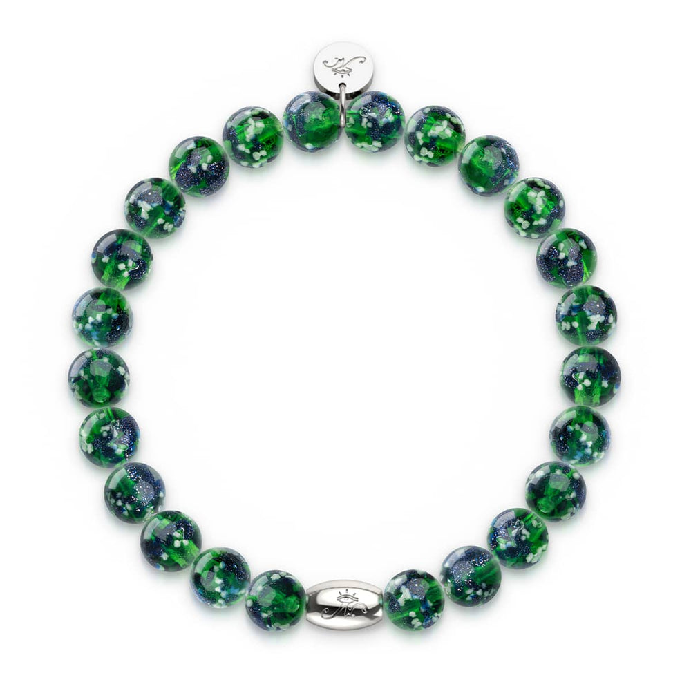 Blue Shamrock Firefly Glass bracelet featuring phosphorescent green and blue beads with a silver clasp by NOGU