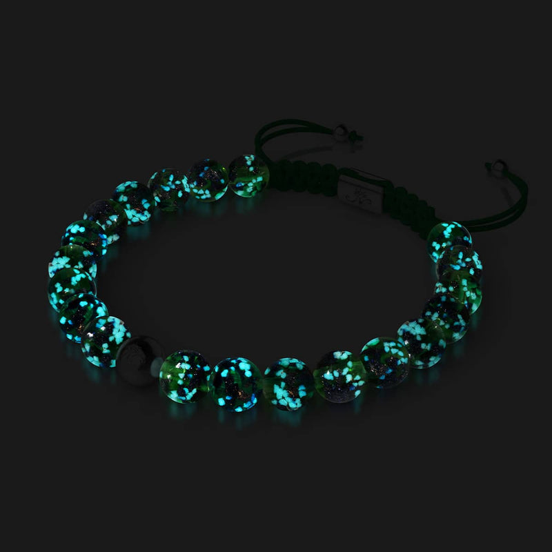 Blaues Kleeblatt | Silber | Glühwürmchen-Glas-Makramee-Armband